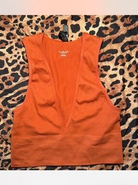 Urban Outfitters Deep V Ribbed Cropped Tank - Rust Orange